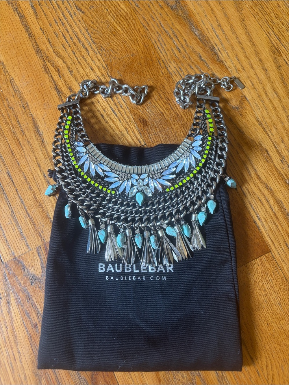 BaubleBar Silver Necklace with Aqua and Neon Yellow Accents